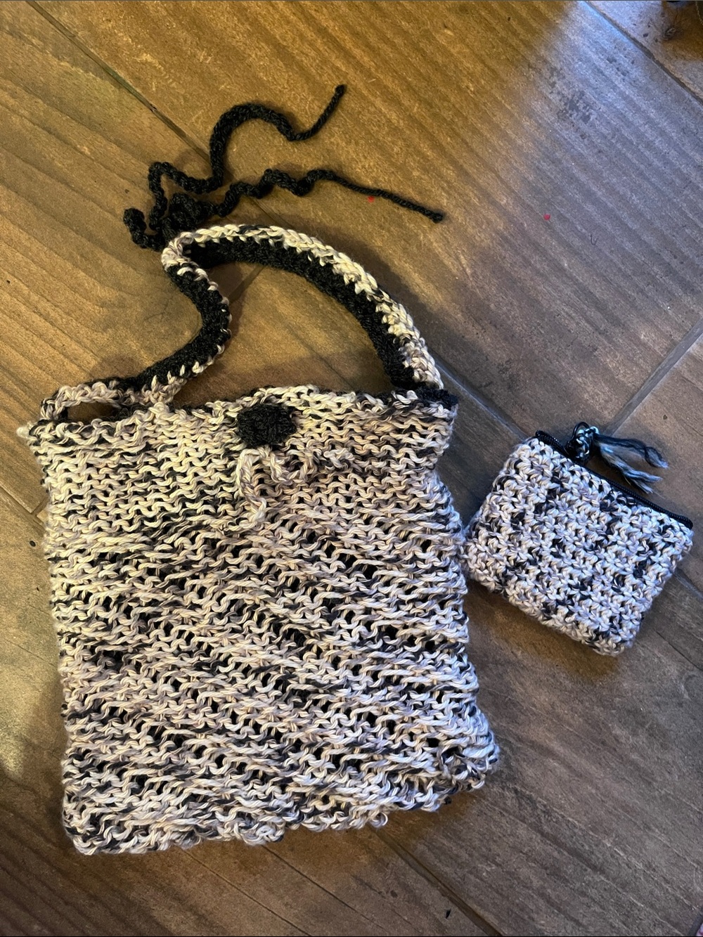 Hand Crafted Black and Cream Knit Tote with Matching Coin Pouch